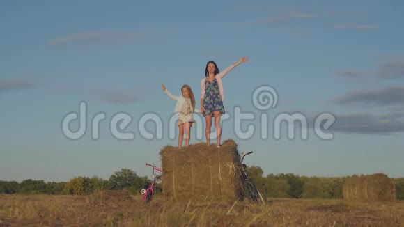 快乐的年轻妈妈带着一个小女儿的剪影在夕阳下的稻草堆上玩耍可爱的时刻视频的预览图