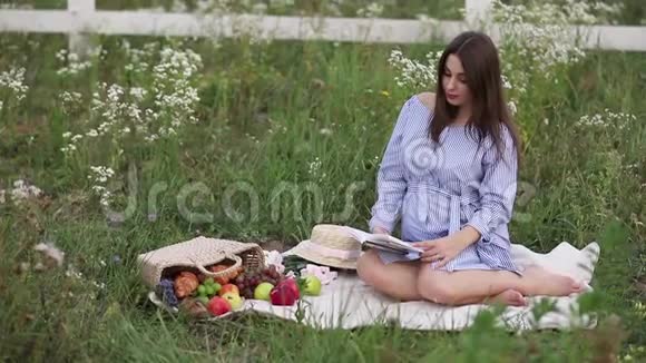 美丽未来妈妈在田里看书她吃水果视频的预览图
