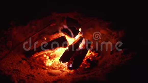 晚上在海滩的篝火上烤棉花糖特写视频的预览图