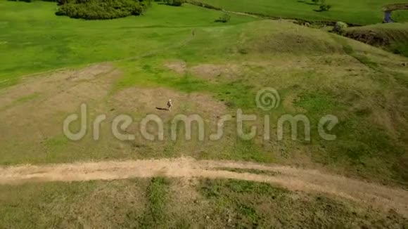 空中视频人走在风景如画的山谷在绿草地上河流追踪背包客的无人机视频的预览图