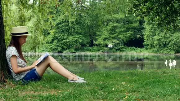 女孩坐在树下湖边的公园里看书视频的预览图