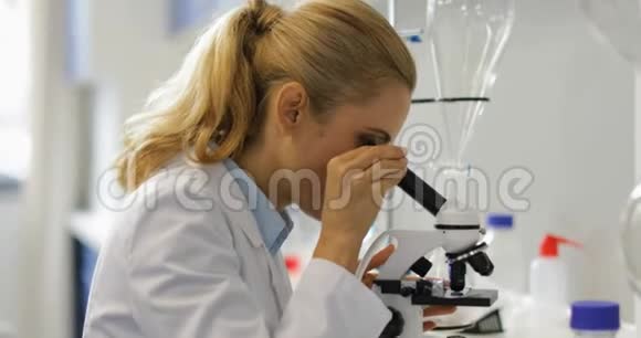 科学家女性用显微镜工作而男性同事给她试管进行分析现代实验室视频的预览图