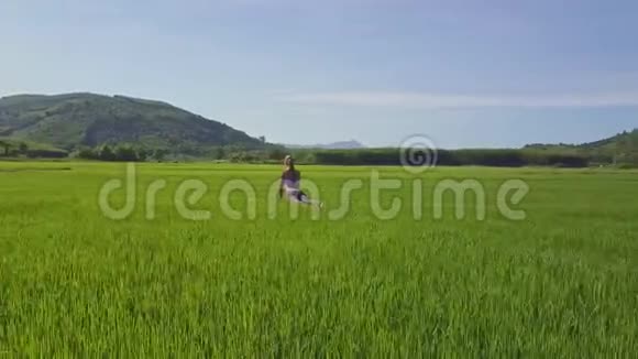 空中观景女孩坐在稻田里的瑜伽姿势视频的预览图