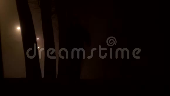 夜路在雾中汽车行驶一个人行走交通安全视频的预览图