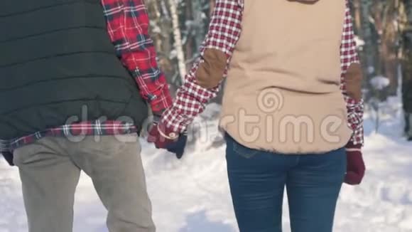 女孩和一个年轻的男人牵着手走走在冬天的公园里在一个阳光明媚的日子里从后面看到了风景视频的预览图