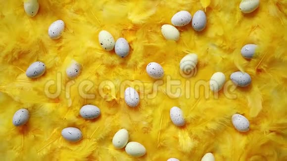 复活节彩蛋的组成分布在节日的黄色羽毛中视频的预览图