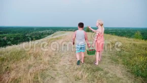 一个快乐的童年一个女孩和一个男孩带着浆果的篮子交流手势视频的预览图