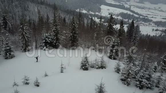 在一座长满松树的山上滑雪者的空中景色滑雪者挥动双手开始移动鸟瞰图视频的预览图