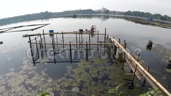 船夫用竹筏横渡污染的湖鱼圈视频的预览图