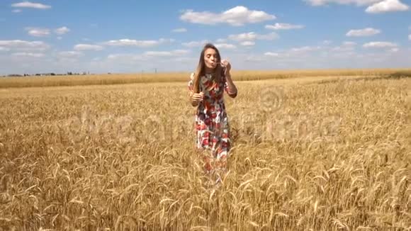 穿着鲜艳衣服的女孩站在田野里慢动作地吹着许多泡泡视频的预览图
