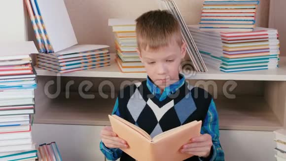 七岁的男孩聚精会神地看书视频的预览图