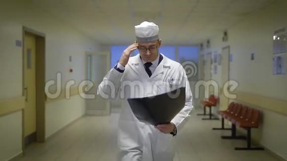 穿着实验室外套的男医生正在穿过病房的走廊检查病人的基因图视频的预览图