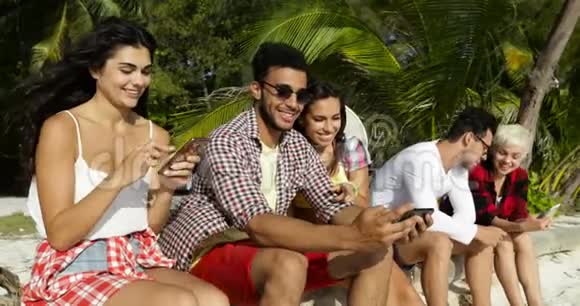 人组利用手机智能电话沟通坐在棕榈树下的户外快乐的微笑男女朋友视频的预览图
