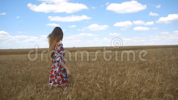 站在田野里的一位穿着长裙的美女转过头看着镜头视频的预览图
