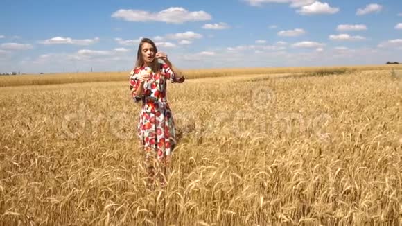 迷人的女孩站在天空背景的田野里把气泡慢慢地移动视频的预览图