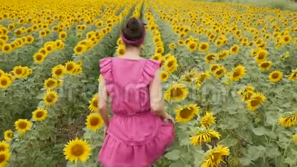 穿着粉红色裙子的女孩走在田野上视频的预览图