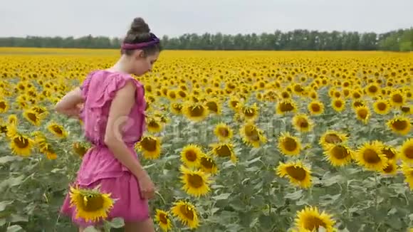穿着粉红色裙子的女孩走在田野上视频的预览图