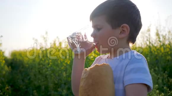 小男孩在户外用玻璃喝手里拿着面包孩子在草地上背光喝干净的水视频的预览图