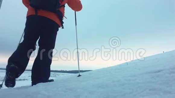 三个徒步旅行者带着徒步旅行杆背包和雪鞋的后景带背包的快乐徒步旅行者小组视频的预览图