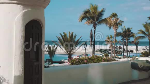 天堂热带棕榈度假胜地有游泳池和海景4K复古视频的预览图