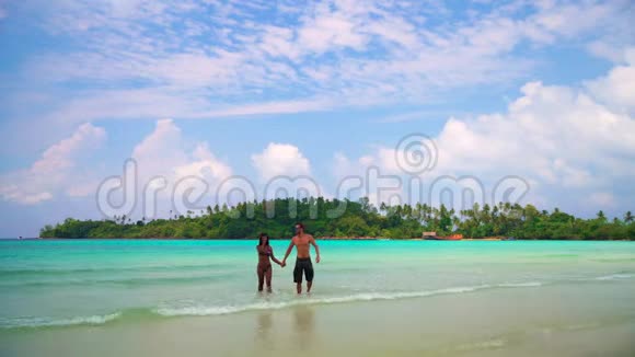 暑假和生活方式概念年轻夫妇牵手背景风光热带自然视频的预览图