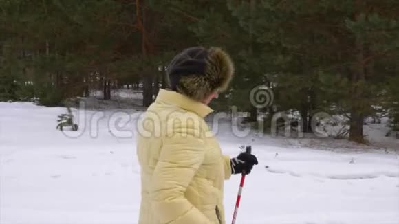 老年妇女在冬林散步冬天北欧漫步在雪林中视频的预览图