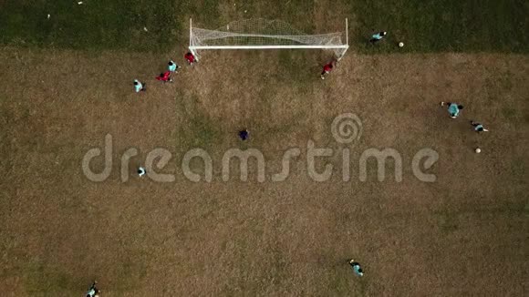 空中观景足球运动员在绿野上视频的预览图
