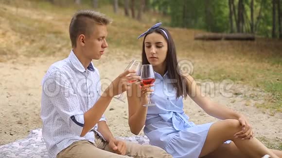 一对相爱的年轻夫妇在湖边的森林里野餐视频的预览图