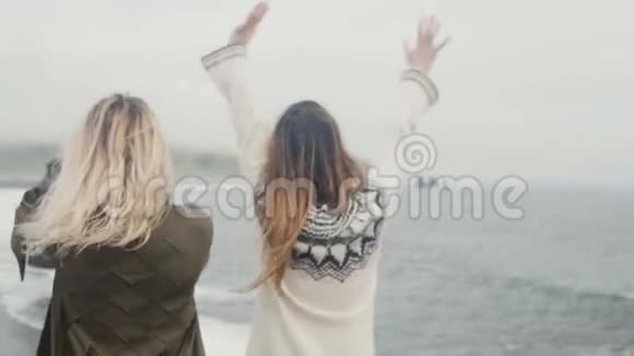 两个快乐的女人一起旅行女孩在冰岛巨魔脚趾附近的海滩上玩举起手拥抱视频的预览图