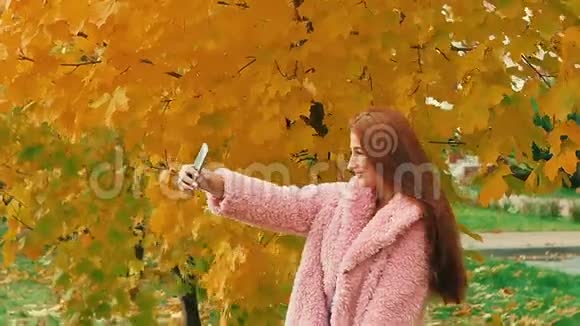 穿着粉色衣服的布鲁内特女士在秋天公园散步自拍视频的预览图