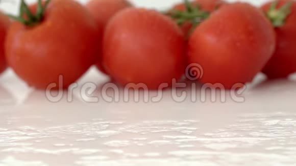 成熟的樱桃番茄在白色镜面上滚动在番茄的背景下缓慢运动视频的预览图