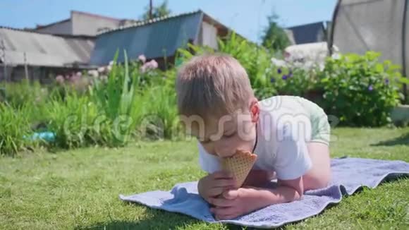 一个小男孩躺在草坪上高兴地吃冰淇淋炎炎夏日冷甜甜点视频的预览图
