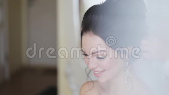在婚礼那天发型师为漂亮的年轻新娘整理了一个发型视频的预览图