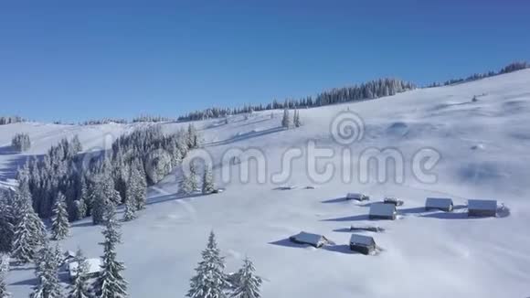 冬天飞过森林山脉和牧人的房子视频的预览图