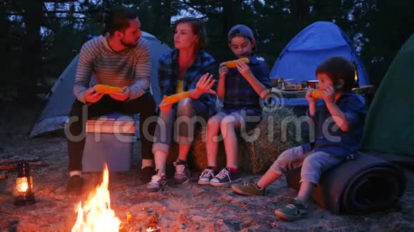 晚上在大自然的火焰附近吃晚餐一家人享用含盐的玉米户外野餐旅游营地视频的预览图