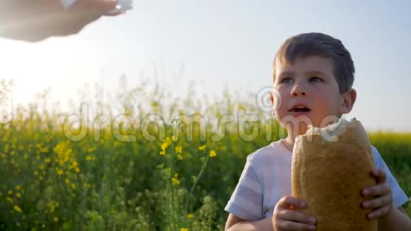 妈妈给孩子喝干净的水饥饿的快乐的孩子在草地上背光地吃食物年轻的孩子带着面包视频的预览图