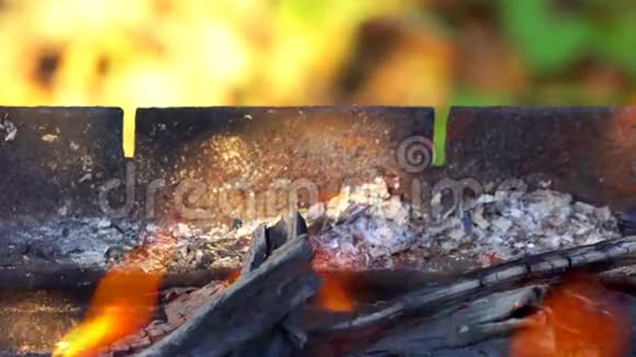在烧烤架下燃烧木炭视频的预览图