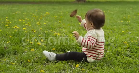 可爱的女婴在公园里玩蒲公英视频的预览图