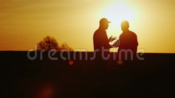 场上两个农民的坚定握手他们交流用平板电脑日落时分视频的预览图
