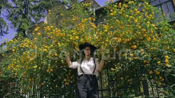 一个头戴帽子的女孩正在花丛旁嬉戏地躲着视频的预览图