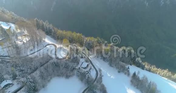 4k无人机空中拍摄的冬季蒙大拿路穿越松林视频的预览图