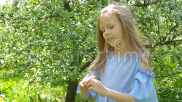 春天盛开的苹果树花园里的小女孩玩瓢虫视频的预览图