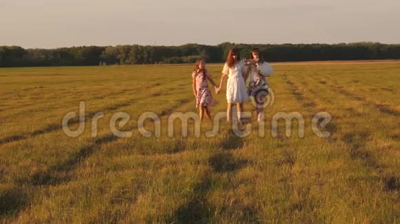 孩子们和妈妈正在草地上玩耍幸福家庭的概念母亲和小女儿带着姐妹散步视频的预览图