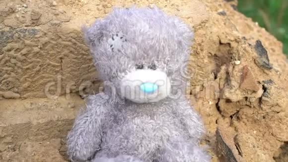 阴影笼罩着废弃的毛绒玩具灰色泰迪熊孤独的概念童年的回忆怀旧灾难视频的预览图