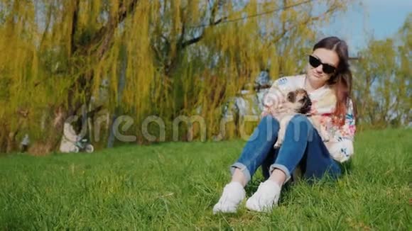 年轻的女人在公园里休息坐在绿色的草坪上他把一只小狗放在腿上和一只狗玩有好的视频的预览图
