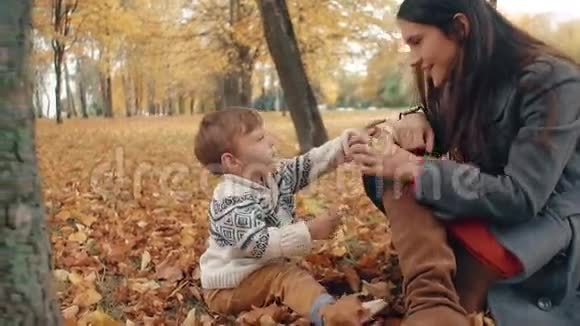 在秋天的公园里小男孩看着妈妈手上的视频的预览图