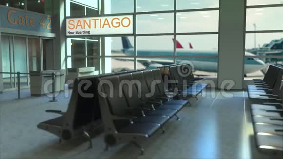 圣地亚哥航班现在机场航站楼登机前往智利概念介绍动画3D渲染视频的预览图
