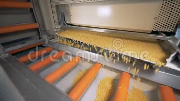 食品厂生产线意大利面通心粉正在食品传送带上分类视频的预览图