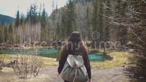 女徒步旅行者在湖边漫步欣赏他壮观的景色在茂密的松林的背景下视频的预览图