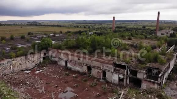 毁坏的工厂屋顶上的树木空中景色视频的预览图